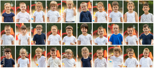 Panorama outdoor portrait collage of children in sport school
