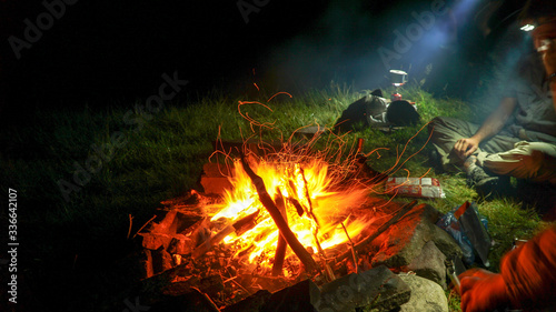 Bonfire at night in Brecon Beacons National Park near Fan Brycheiniog, Wales, United Kingdom. photo