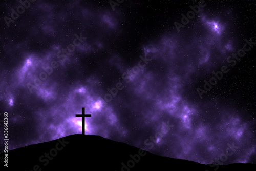 Cross on the hill on a space background. Sacrifice of Jesus, Easter