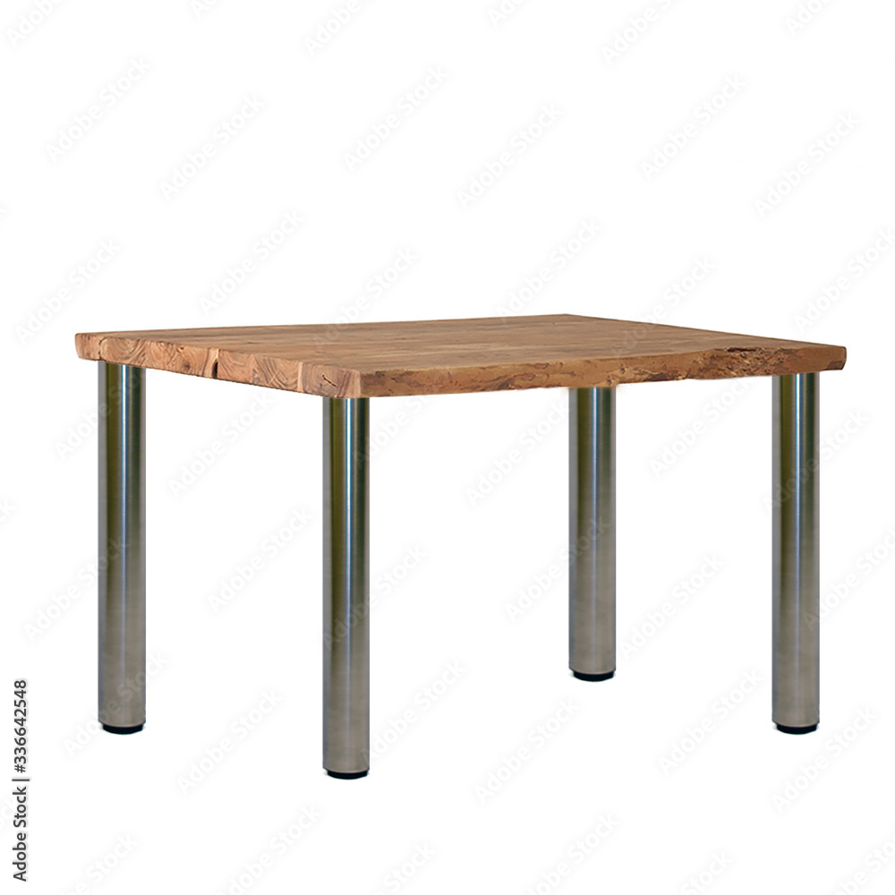 Tisch mit Baumholzplatte und Edelstahlbeine Tisch mit Baumholzplatte und Edelstahlbeine