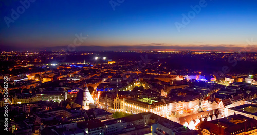 Leipzig. Night panorama. Saxony Germany City. Top view. Horizontal image. © zwiebackesser
