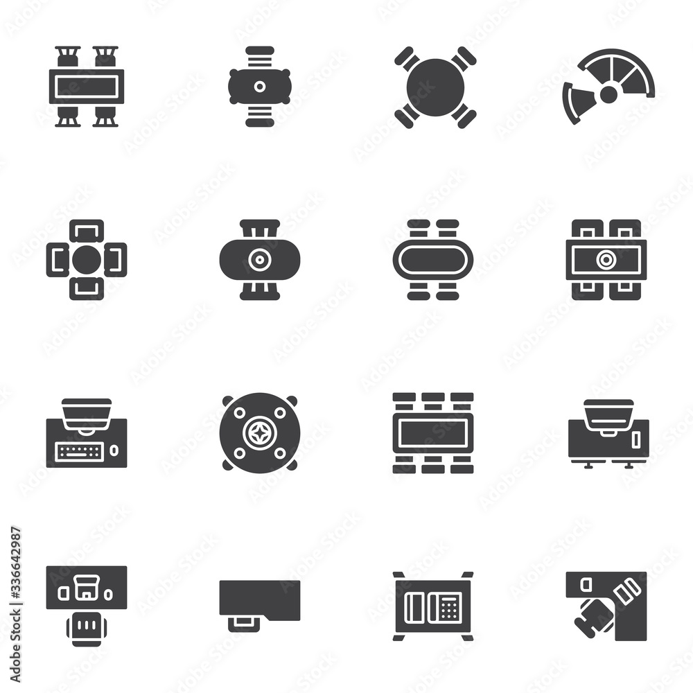 Office furniture top view vector icons set, modern solid symbol collection, filled style pictogram pack. Signs, logo illustration. Set includes icons as round table with chairs, workspace, corner desk