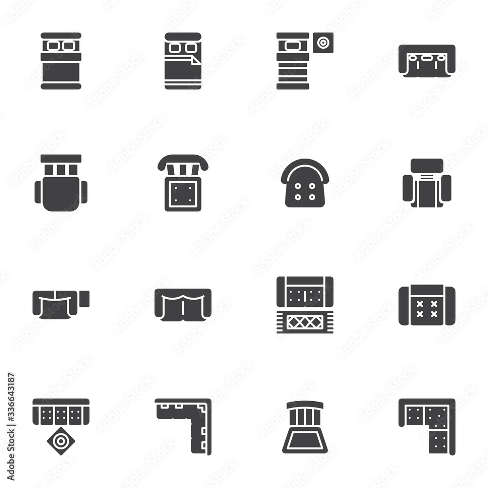Home furniture top view vector icons set, modern solid symbol collection, filled style pictogram pack. Signs, logo illustration. Set includes icons as sleeping room bed, corner sofa, chairs, armchair