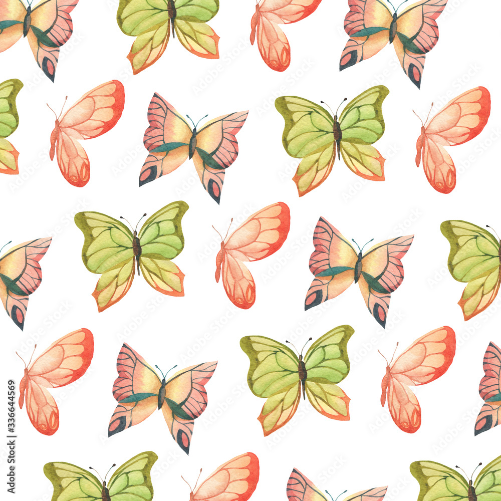 Fototapeta premium Watercolor pattern with bright butterflies on a white background