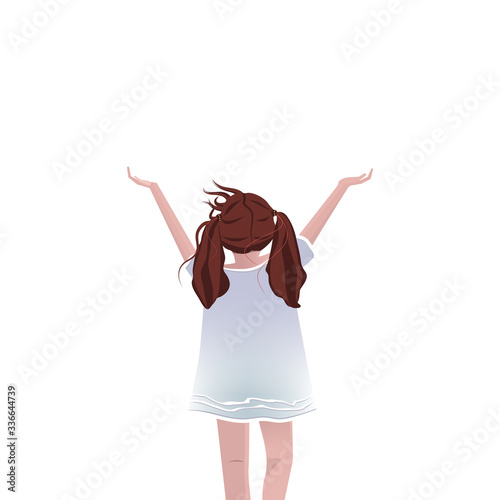 Vector illustration of a little girl with her hands up looking at the sky. Isolated