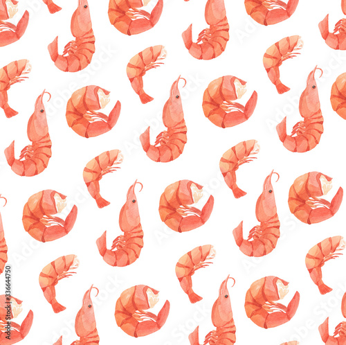 Watercolor pattern with shrimp on a white background
