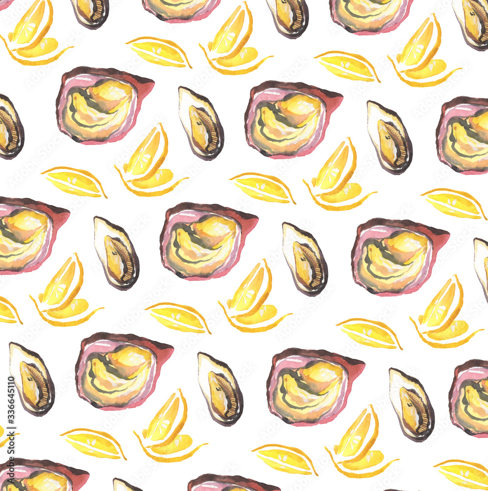 Watercolor pattern with oysters and lemon on a white background Watercolor pattern with oysters and lemon on a white background