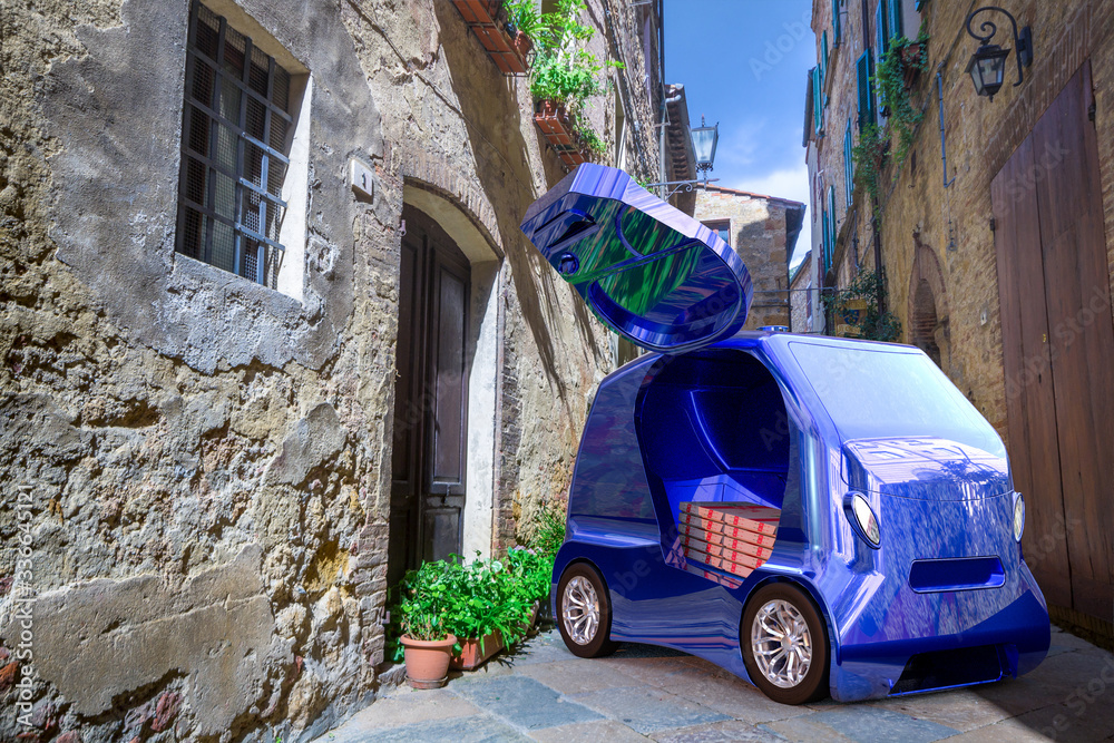 Autonomous delivery vehicles delivering food to residents on narrow city streets