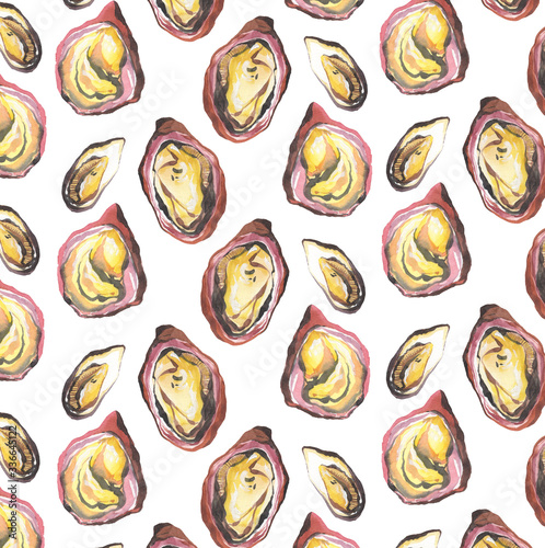 Watercolor pattern with oysters on a white background