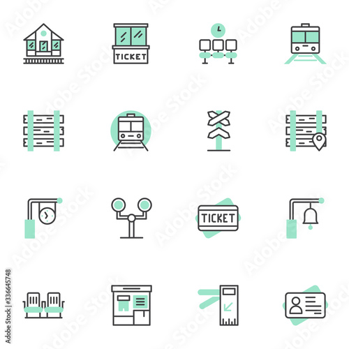 Railway travel filled outline icons set, line vector symbol collection, linear colorful pictogram pack. Signs logo illustration, Set includes icons as railroad station, ticket box, train, waiting room