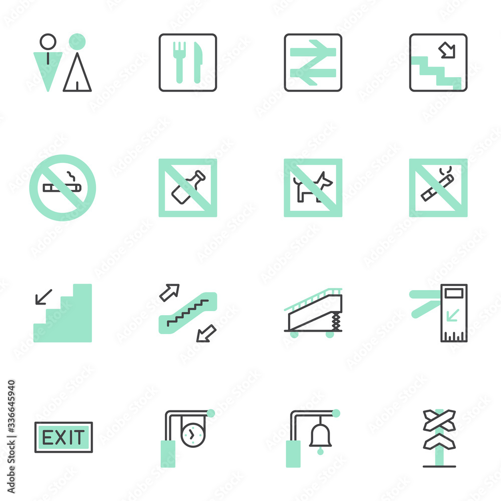 Airport signs filled outline icons set, line vector symbol collection, linear colorful pictogram pack. Signs logo illustration, Set includes icons as no smoking, no drinks, wc, restaurant, exit Airport signs filled outline icons set, line vector symbol collection, linear colorful pictogram pack. Signs logo illustration, Set includes icons as no smoking, no drinks, wc, restaurant, exit