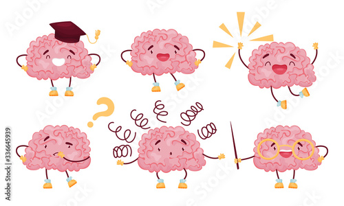 Funny Brain Jumping with Joy and Thinking Vector Set