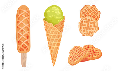 Waffle or Wafer Desserts with Ice Cream and Gaufre Sticking Together Vector Set