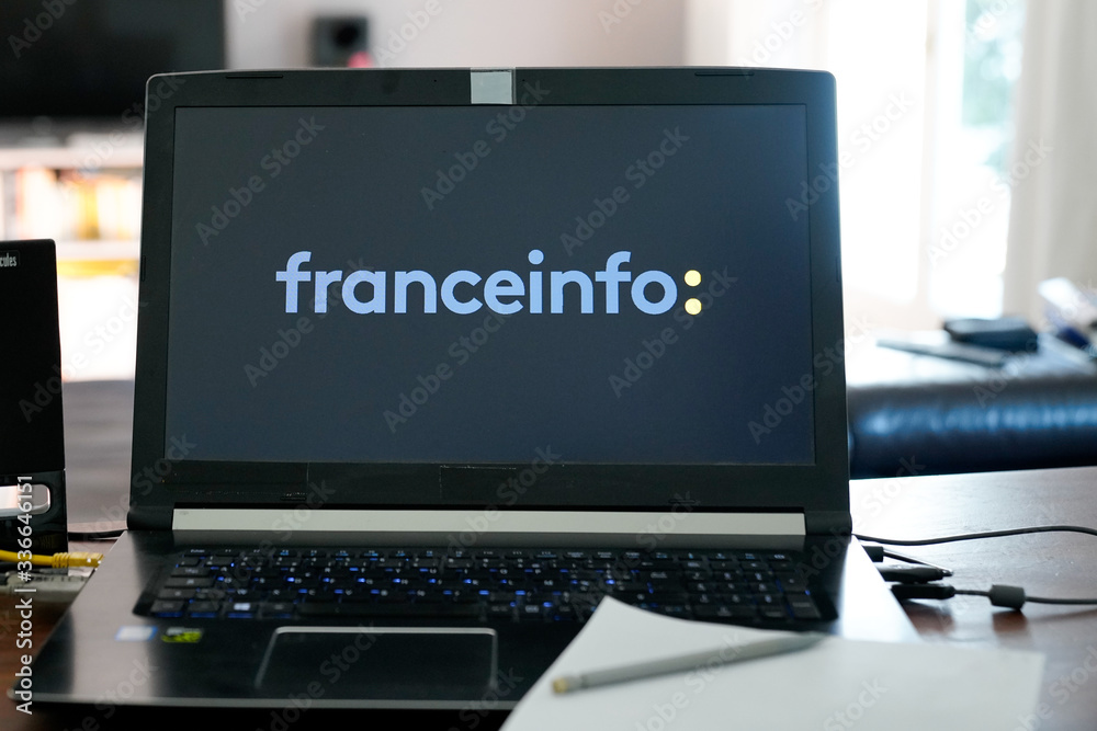 France Info screen notebook computer laptop radio sign logo network French  public service broadcaster provides continuous information Stock Photo |  Adobe Stock