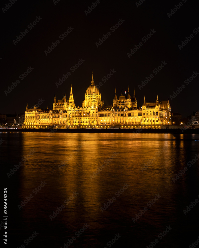 Hungarian Parliament building night view from Danube river embankment