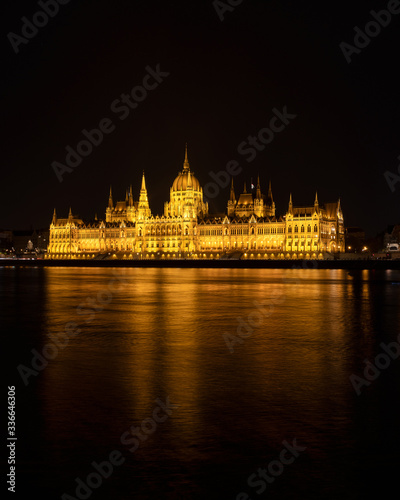 Hungarian Parliament building night view from Danube river embankment