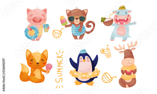 Cartoon Animals Drinking Cocktails and Swimming with Inner Tube Vector Set