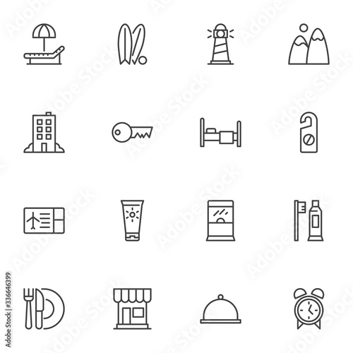 Summer travel line icons set. linear style symbols collection, outline signs pack. vector graphics. Set includes icons as deck chair umbrella, surfing, hotel building, sunscreen, boarding pass, clock