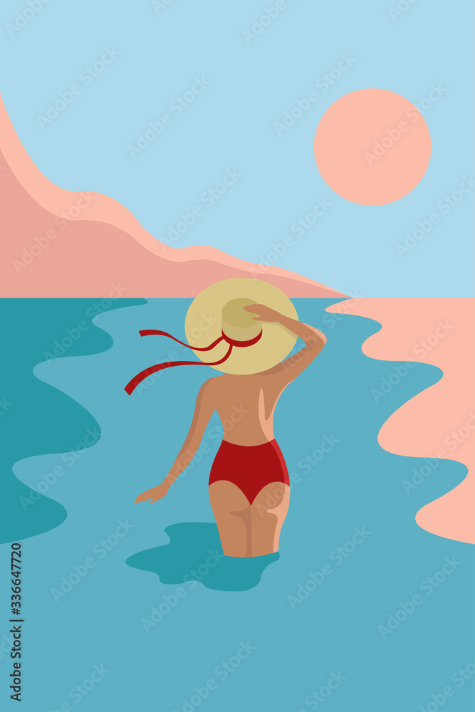 Creative conceptual vector illustration. Woman in hat swimming sunbathing  in the sea ocean in the sunset.