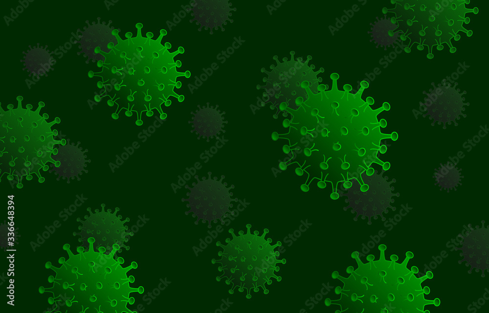Covid-19 Corona Virus concept. Virus Wuhan from China. Green background. 2019-nCoV influenza pandemic. Vector illustration.