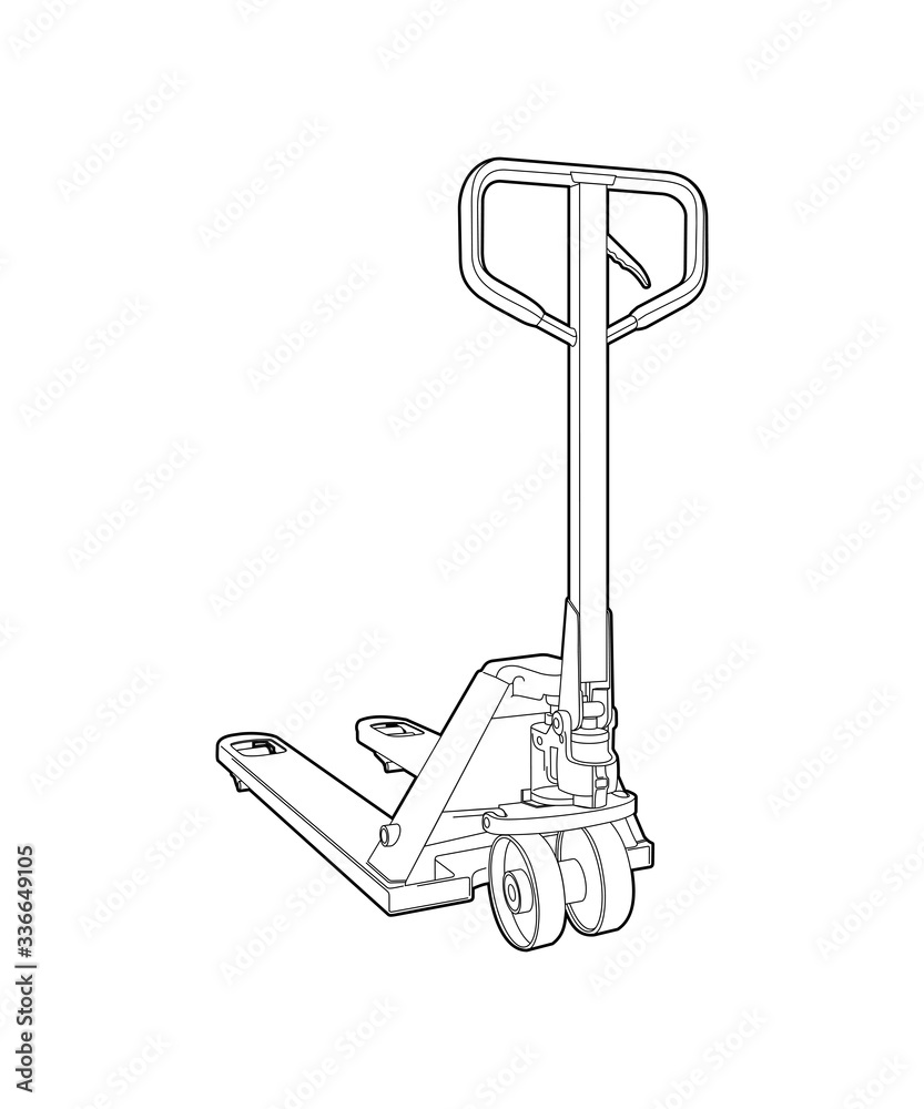 Pallet trolley. Manual forklift for warehouse. Cargo transportation