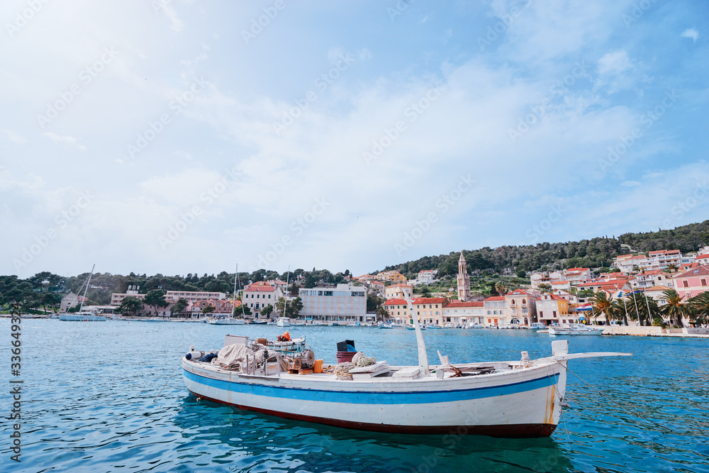 Hvar Old Town Promenade. Sea coast in Dalmatia,Croatia. A famous tourist destination on the Adriatic sea.