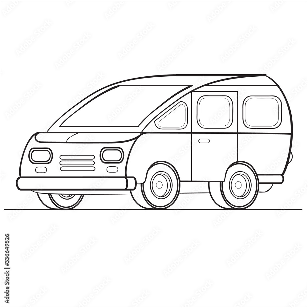 minivan outline, coloring, isolated object on white background, vector illustration,