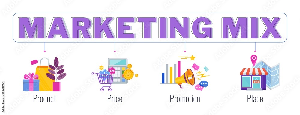 Four 4 PS marketing mix infographic flat vector illustration scheme. Four 4 PS marketing mix infographic flat vector illustration scheme.