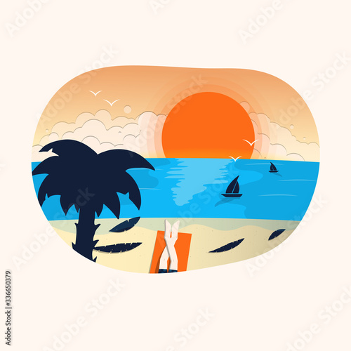 Hand drawn colorful tropical beach banner. Paradise border for invitation card. Vector isolated summer print with sun, sand, palm tree and chilling man.