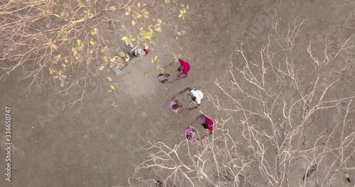 Young people dancing in a group, traditional dance in Colombia, Aerial shot with drone. photo
