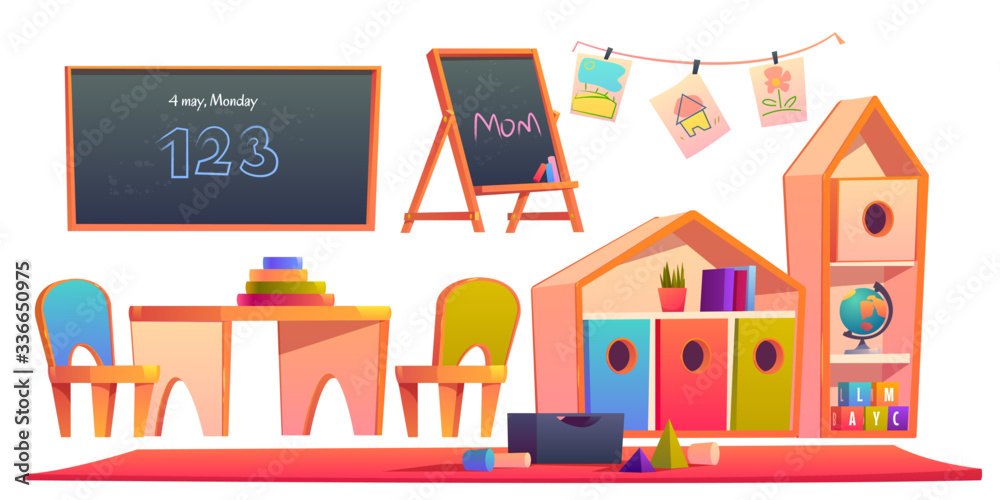 Room interior in montessori kindergarten with books on shelf, chalkboards, desk with chairs. Vector cartoon set of furniture in classroom, kids paintings and toy blocks isolated on white background Room interior in montessori kindergarten with books on shelf, chalkboards, desk with chairs. Vector cartoon set of furniture in classroom, kids paintings and toy blocks isolated on white background