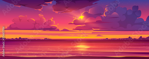 Sea sunset. Tropical landscape of ocean with sky, clouds and water in red light of evening sun. Vector cartoon summer seascape with city lights and coastline silhouette on horizon