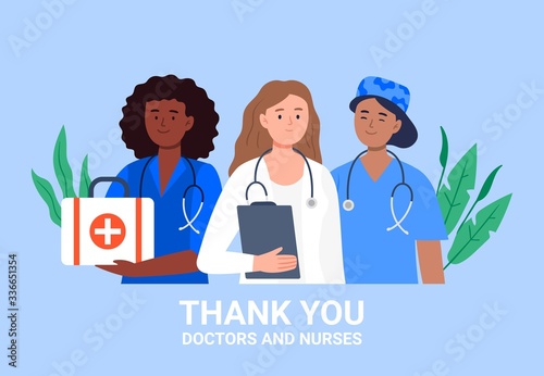 Thank you Doctors and Nurses vector illustration with healthcare workers. Simple flat style art.