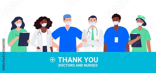 Thank you Doctors and Nurses concept with different healthcare workers. Vector illustration in flat style.