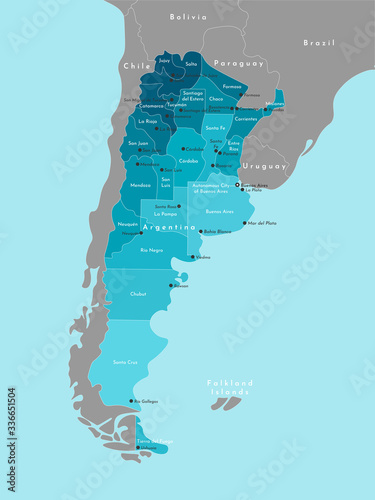 Vector modern illustration. Simplified administrative map of Argentina and borders with neighboring countries. Blue background of seas and oceans. Names of Argentinean cities and provinces.