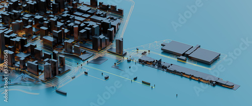 Fototapeta Naklejka Na Ścianę i Meble -  3D Rendering. Low poly city views. urban technology concepts.