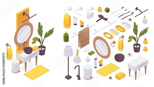 Isometric set of furniture for bathroom like faucet ware, sink. mirror, towel holder and hygiene accessories