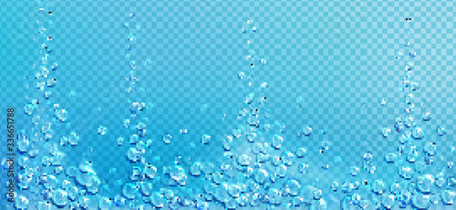 Air bubbles, effervescent water fizz border. Dynamic aqua motion, randomly moving underwater fizzing, soda drink frame design on blue transparent background, Realistic 3d vector illustration