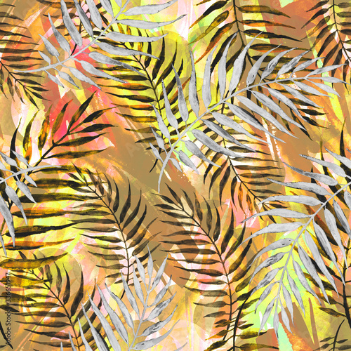 Tropical leaves. Watercolor leaves of a tree  palms fern  nettle  abstract red of splash. Watercolor abstract seamless background  pattern  spot  splash of paint  blot  divorce  color. Tropic pattern