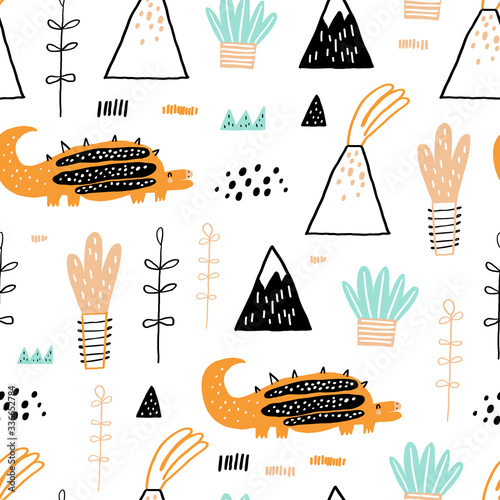 Childish seamless pattern with hand drawn dino in scandinavian style. Creative vector childish background for fabric, textile, nursery wallpaper. Vector Illustration.