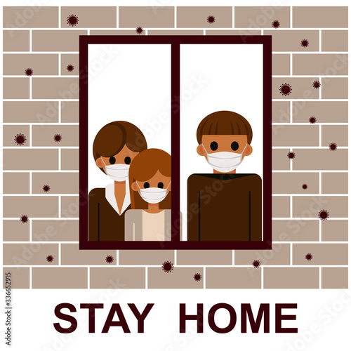 Stay home banner template. Family sitting home during the quarantine or self-isolation. Health care concept. Fears of getting coronavirus. Global viral epidemic or pandemic. Flat vector illustration