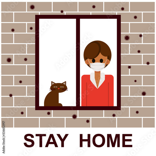 Stay home. Woman stays home during the quarantine or self-isolation. Health care concept. Global viral epidemic or pandemic. Fears of getting coronavirus. Flat vector illustration