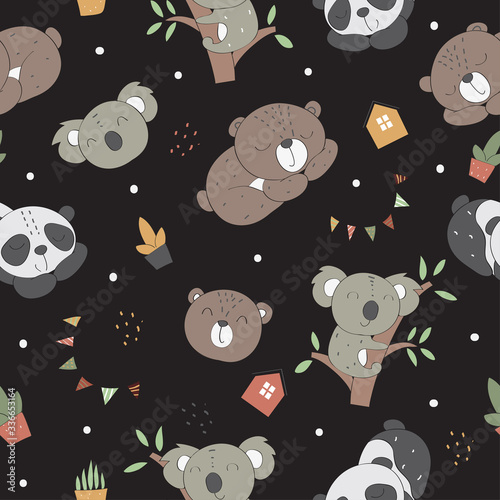 Kids baby pattern of bear, panda and koala in the black backdrop