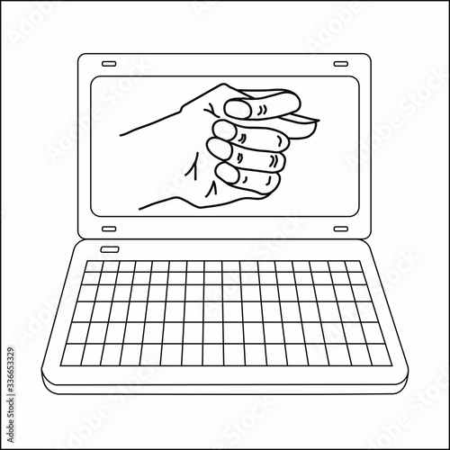 Vector illustration or picture of isolated  open laptop, pc, notebook or computer on the white background with fico or fig gesture drawn by means of black lines on display or screen
