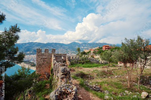 Ancient wall of the medieval fortress castle of Alanya with sea view, Turkey.