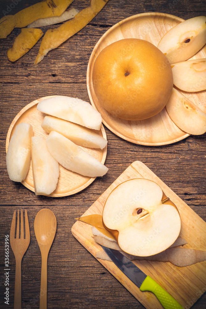 Snow pear or Korean pear on  a wooden background, Nashi pear fruits delicious and sweet