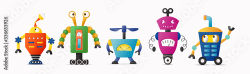 Set of cute vector robot characters for kids. Robotics and artificial intelligence