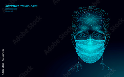 Male face mask. Infection pneumonia prevention healthcare. 3D low poly boy human blue glowing banner. Wear surgical medical mask against virus epidemic vector illustration