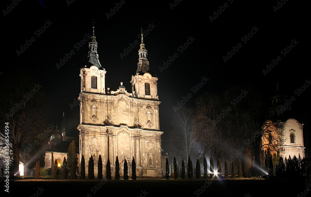 Cistercian church in Poland. Baroque facade. City Jedrzejow near the Cracow.