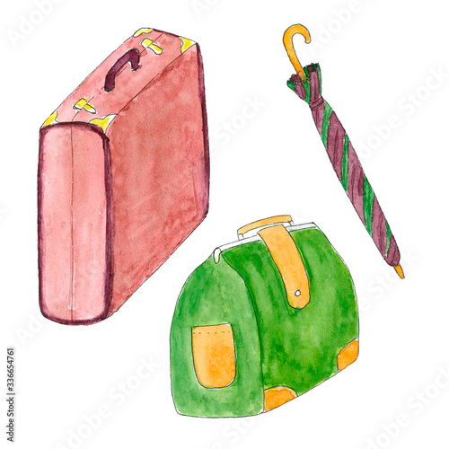 Watercolour set of suitcase, carpet bag and umbrella